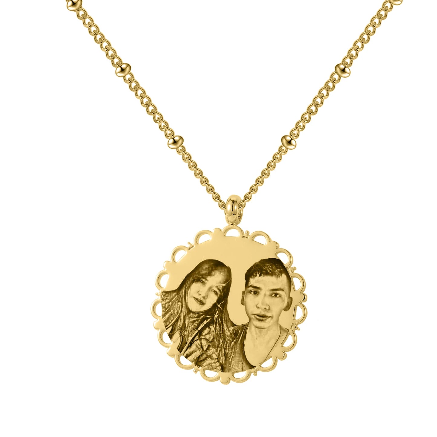 Customized Engraved Photo Lace Necklace – Stainless Steel Round Portrait Pendant with Bead Chain