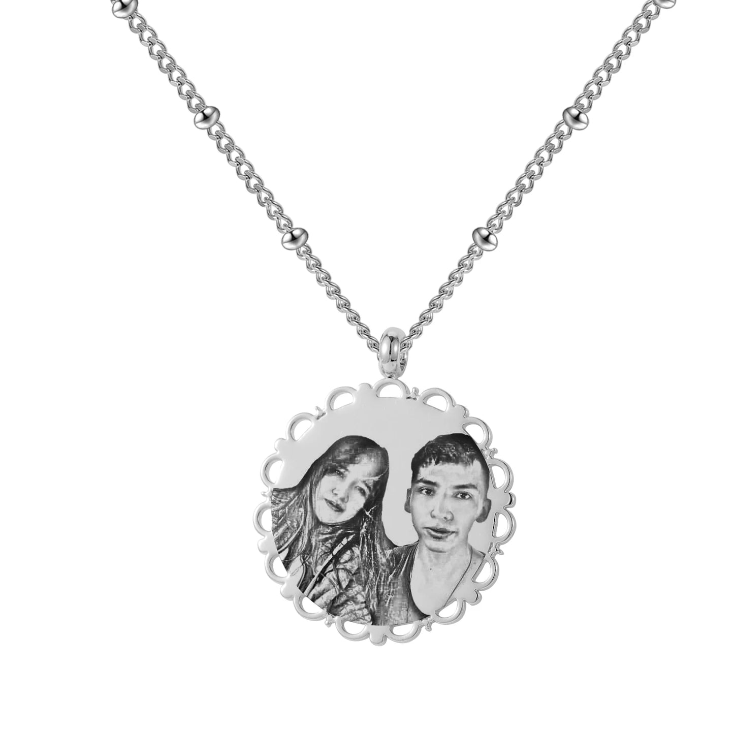 Customized Engraved Photo Lace Necklace – Stainless Steel Round Portrait Pendant with Bead Chain