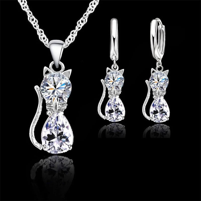 Silver Color Jewelry Set – Cute Cat Pendant Necklace & Huggie Earrings