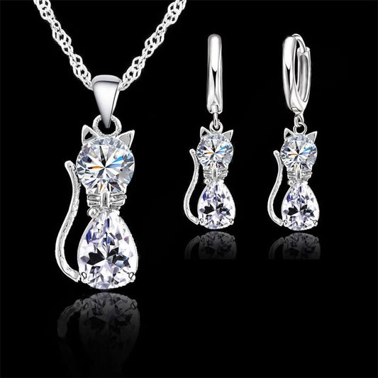 Silver Color Jewelry Set – Cute Cat Pendant Necklace & Huggie Earrings