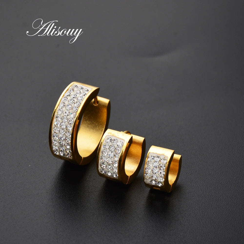 2PC Punk Stainless Steel Hoop Earrings with Crystal CZ – Gold Color Round Huggie Earrings for Men & Women