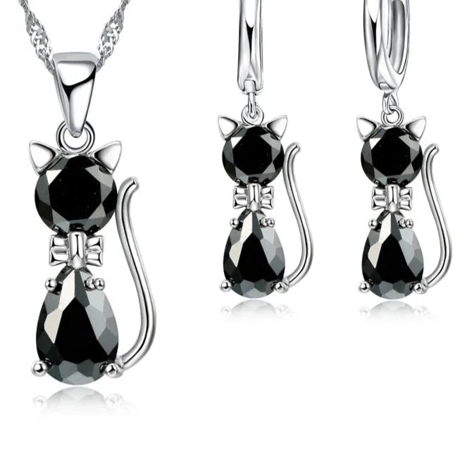 Silver Color Jewelry Set – Cute Cat Pendant Necklace & Huggie Earrings
