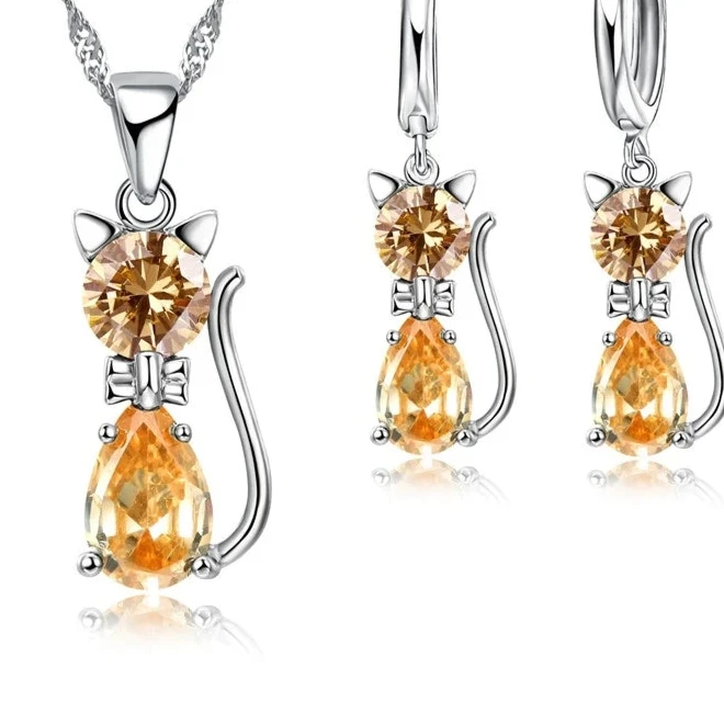 Silver Color Jewelry Set – Cute Cat Pendant Necklace & Huggie Earrings