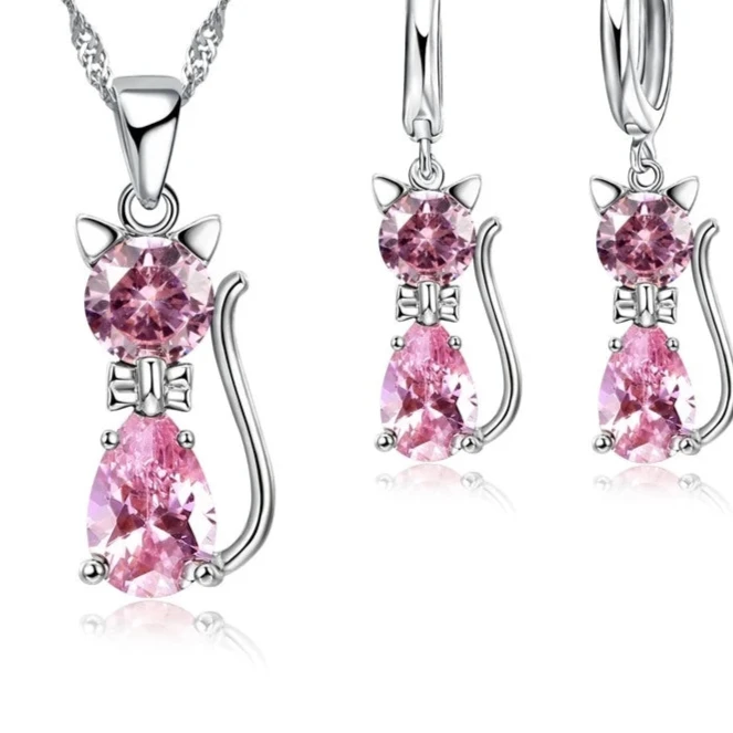 Silver Color Jewelry Set – Cute Cat Pendant Necklace & Huggie Earrings