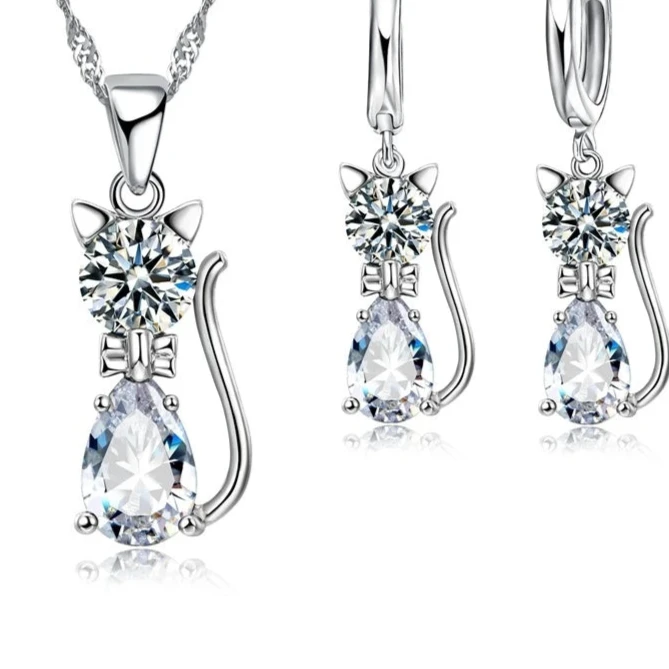 Silver Color Jewelry Set – Cute Cat Pendant Necklace & Huggie Earrings