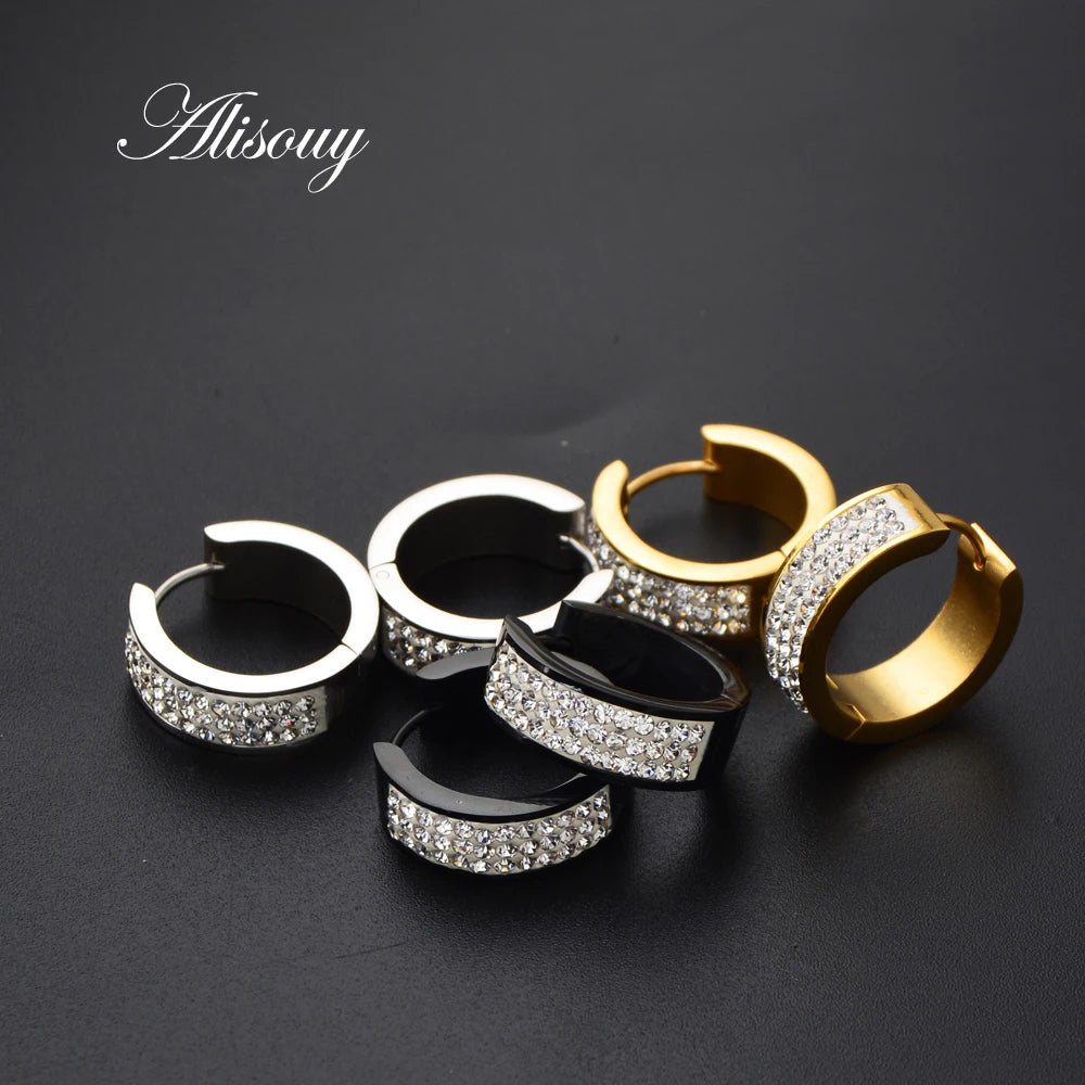 2PC Punk Stainless Steel Hoop Earrings with Crystal CZ – Gold Color Round Huggie Earrings for Men & Women