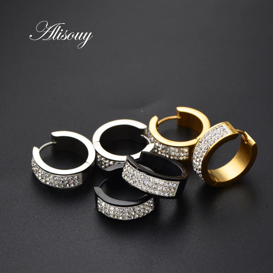 2PC Punk Stainless Steel Hoop Earrings with Crystal CZ – Gold Color Round Huggie Earrings for Men & Women