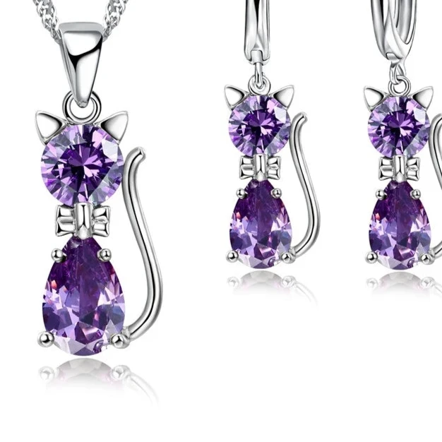Silver Color Jewelry Set – Cute Cat Pendant Necklace & Huggie Earrings