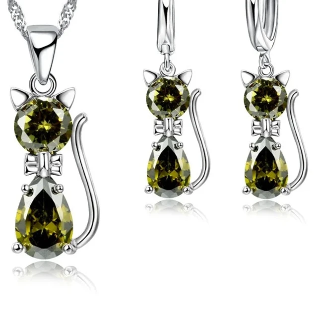 Silver Color Jewelry Set – Cute Cat Pendant Necklace & Huggie Earrings