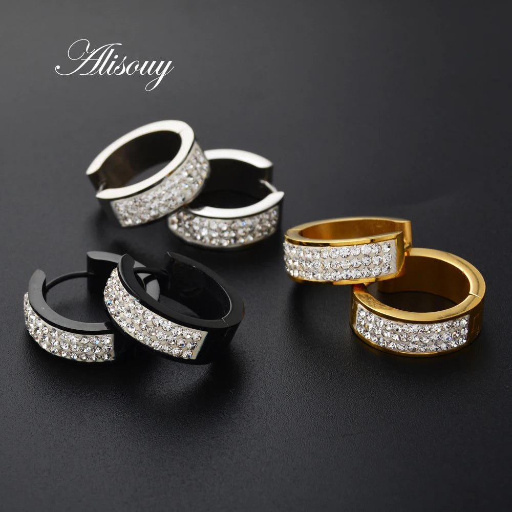 2PC Punk Stainless Steel Hoop Earrings with Crystal CZ – Gold Color Round Huggie Earrings for Men & Women