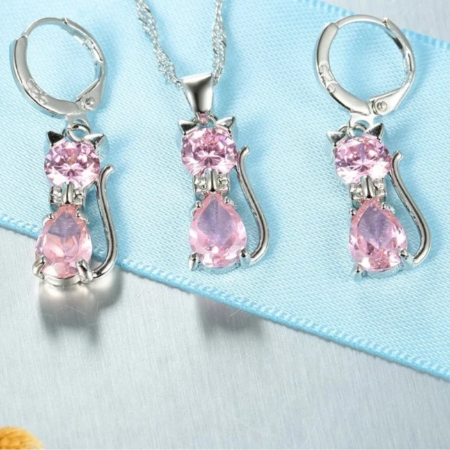 Silver Color Jewelry Set – Cute Cat Pendant Necklace & Huggie Earrings