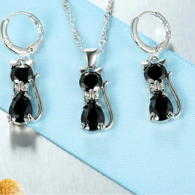 Silver Color Jewelry Set – Cute Cat Pendant Necklace & Huggie Earrings