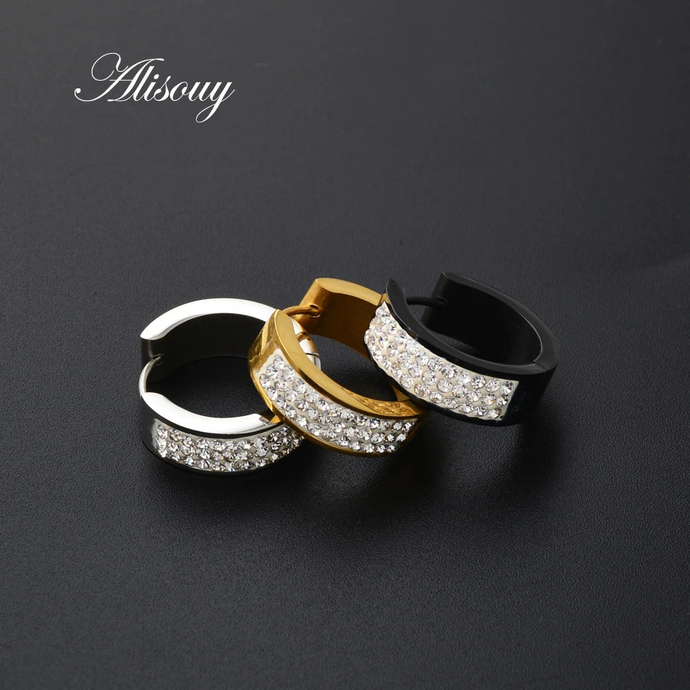 2PC Punk Stainless Steel Hoop Earrings with Crystal CZ – Gold Color Round Huggie Earrings for Men & Women