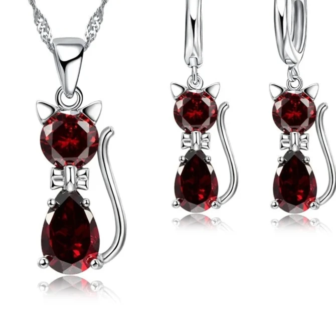 Silver Color Jewelry Set – Cute Cat Pendant Necklace & Huggie Earrings