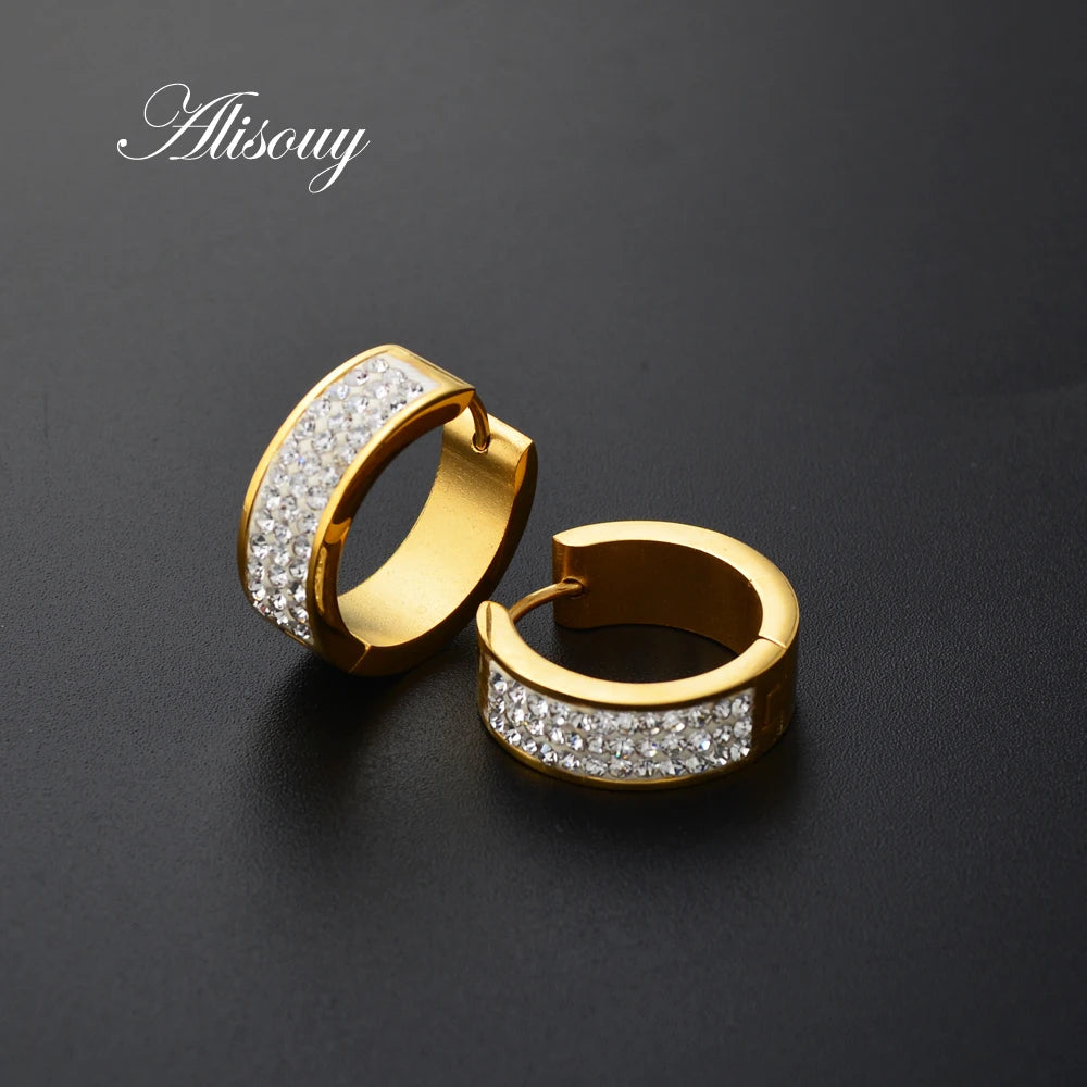 2PC Punk Stainless Steel Hoop Earrings with Crystal CZ – Gold Color Round Huggie Earrings for Men & Women