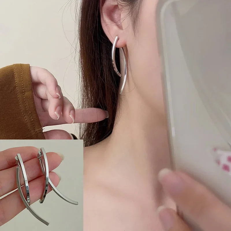 Korean Stylish Cross Arc Long Drop Earrings – Simple Hanging Design for Women