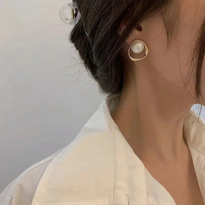 Imitation Pearl Round Stud Earrings – Gold Color, Irregular Korean Design for Women