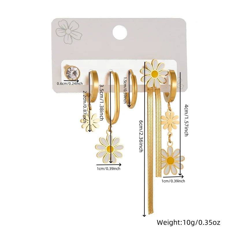 Stainless Golden Daisy 6-Piece Oval Earrings Set – 2025 Trendy Steel Jewelry for Women & Girls