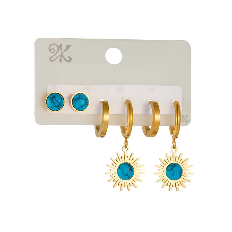 6PC Stainless Steel Golden Earrings Set – Blue Turquoise Stone | Delicate Trendy Jewelry for Women & Girls