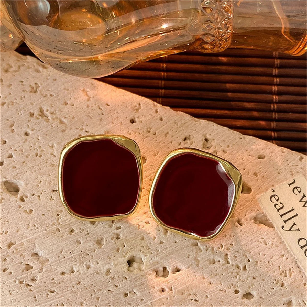 Vintage Trendy Red Enamel Geometric Round Heart Stud Earrings For Women Light Luxury Imitation Pearl Square Oval Earring Jewelry