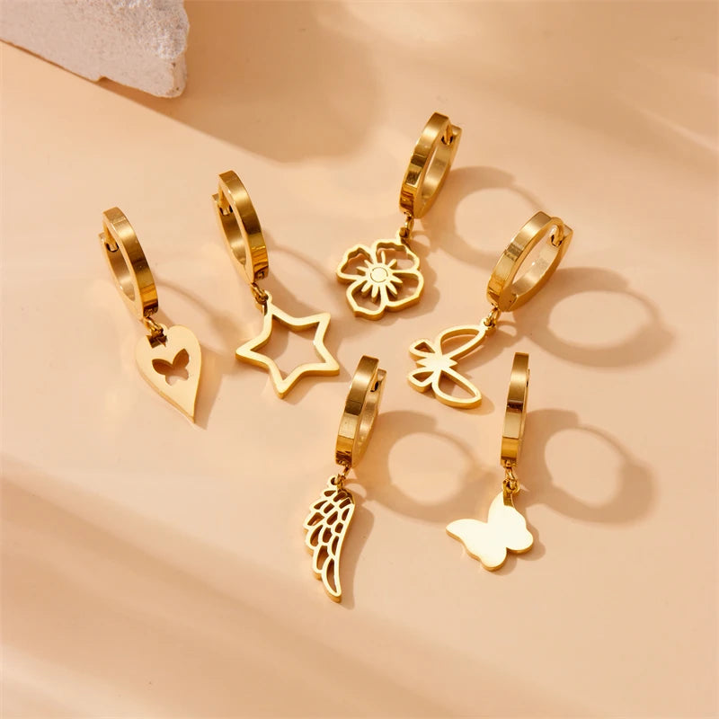 Golden Flower, Star & Moon Series – 6-Piece Stainless Steel Earring Set for Women