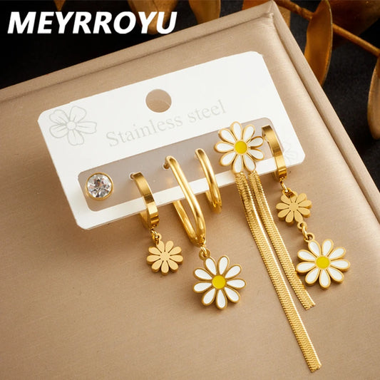 Stainless Golden Daisy 6-Piece Oval Earrings Set – 2025 Trendy Steel Jewelry for Women & Girls