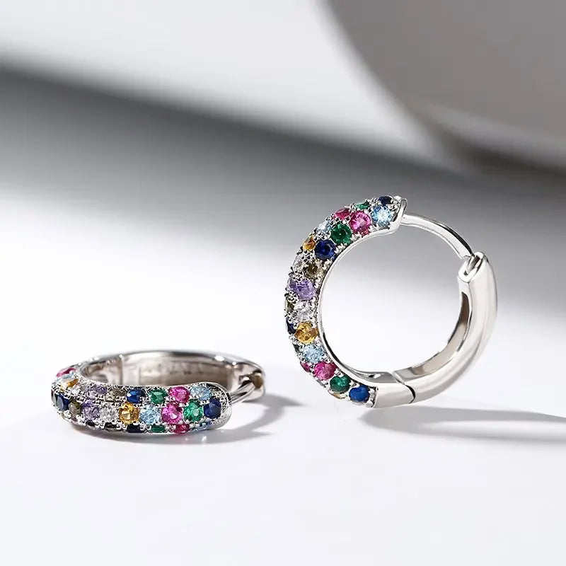 Women's Mini Round Silver Earring Set, Colorful Zircon Earrings, Luxury Jewelry, Fashion