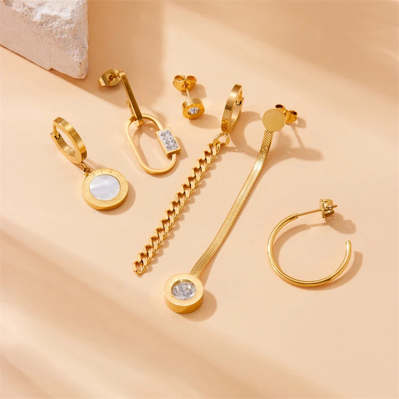 Golden Flower, Star & Moon Series – 6-Piece Stainless Steel Earring Set for Women