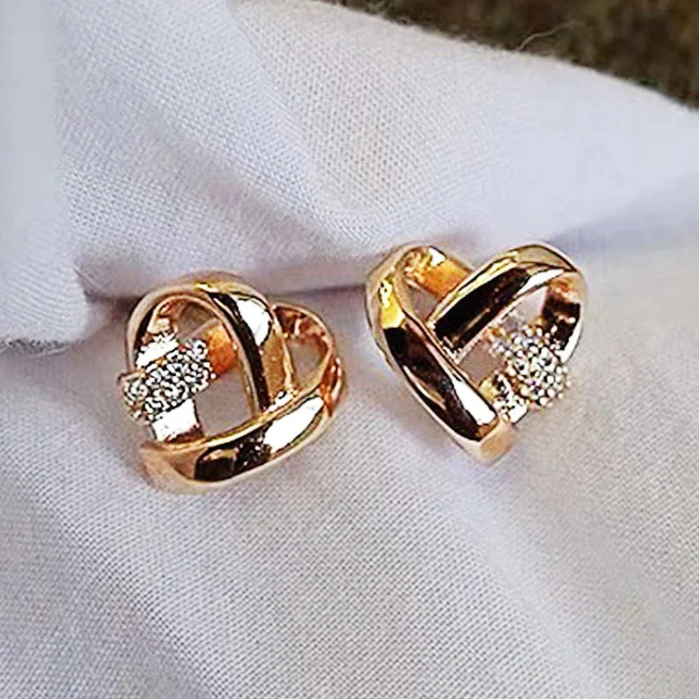 Eternity Love Heart Stud Earrings – Silver & Gold Color Piercing for Women