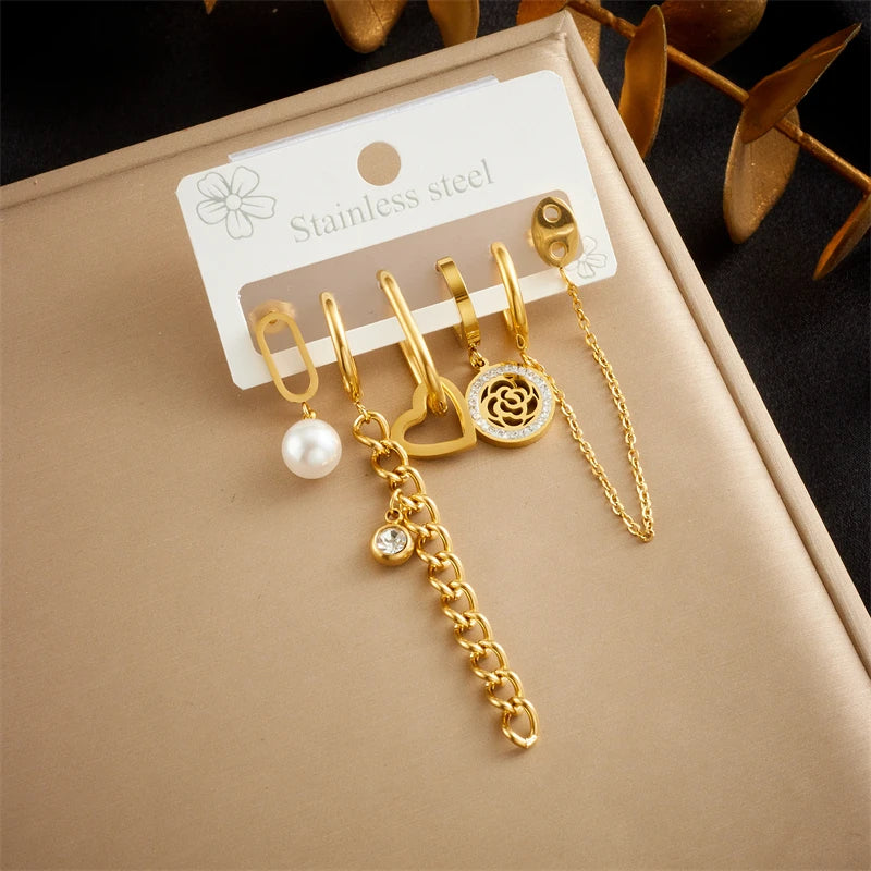 Golden Flower, Star & Moon Series – 6-Piece Stainless Steel Earring Set for Women