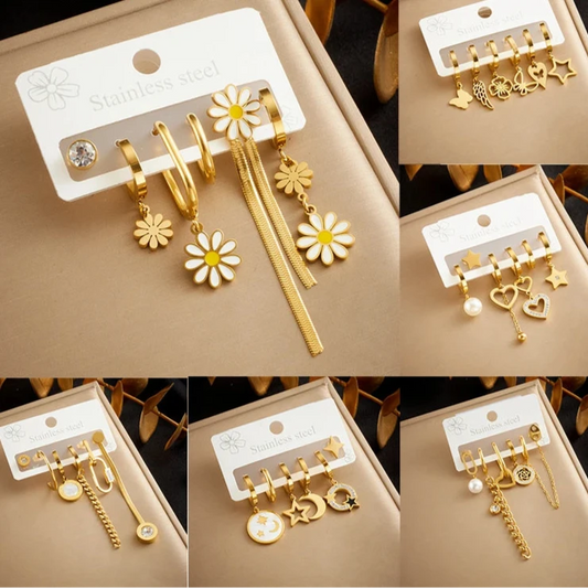 Golden Flower, Star & Moon Series – 6-Piece Stainless Steel Earring Set for Women