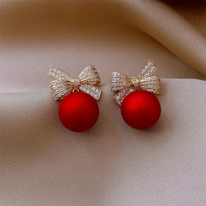 Bow Knot Round Pearl Pendant Earrings – Gold Color C-Shape Design for Women & Girls