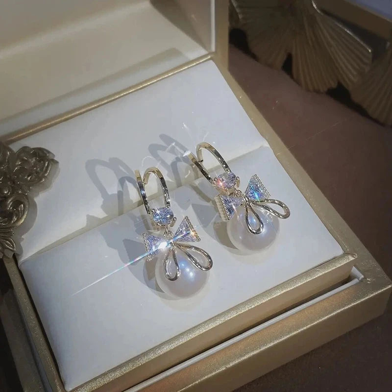 Bow Knot Round Pearl Pendant Earrings – Gold Color C-Shape Design for Women & Girls
