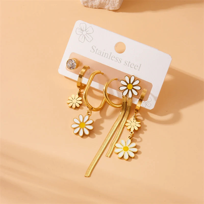 Stainless Golden Daisy 6-Piece Oval Earrings Set – 2025 Trendy Steel Jewelry for Women & Girls
