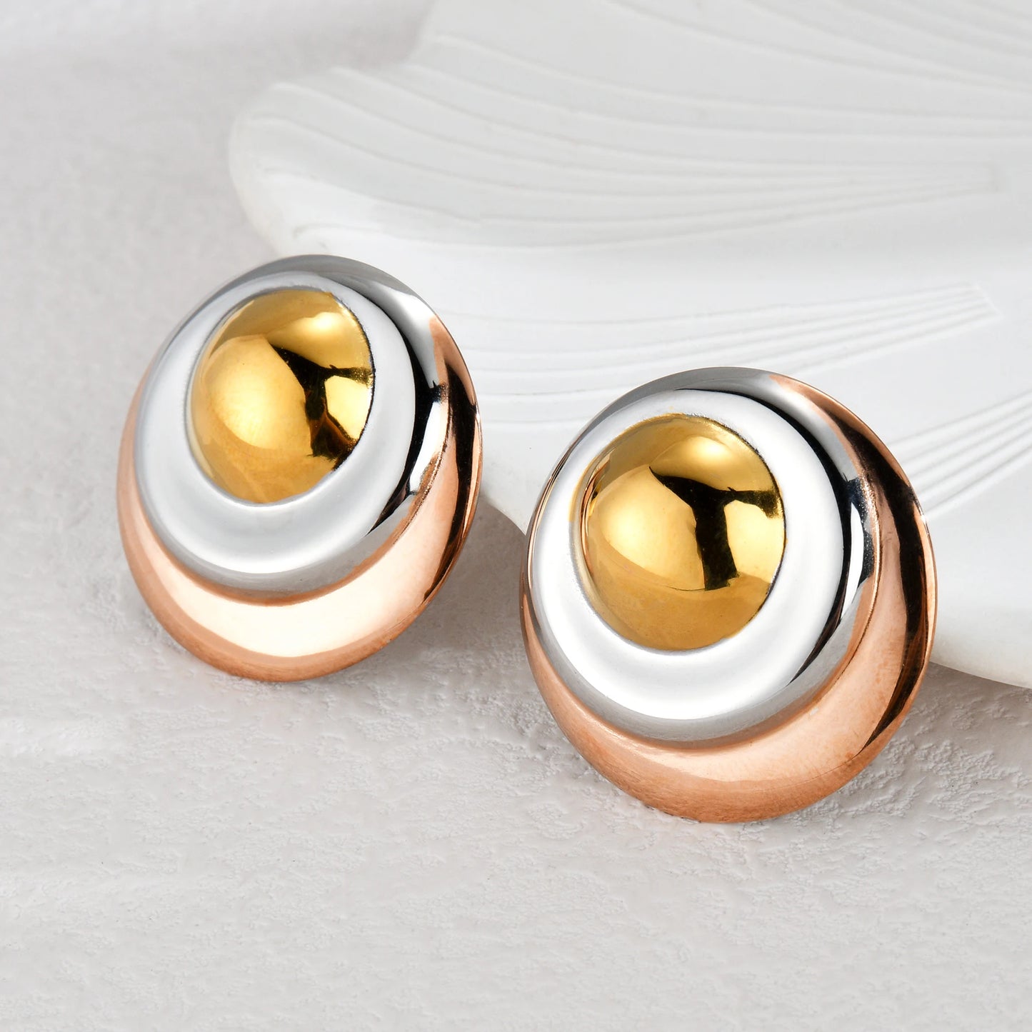 High-End Two-Tone Geometric Stud Earrings – Gold & Silver Color Stainless Steel for Women