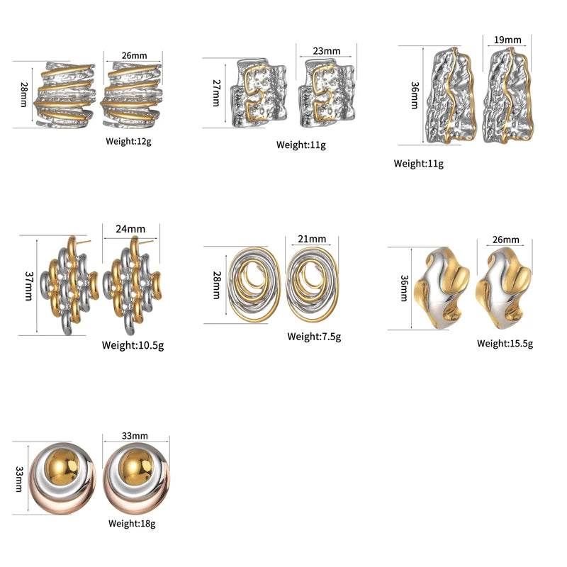 High-End Two-Tone Geometric Stud Earrings – Gold & Silver Color Stainless Steel for Women