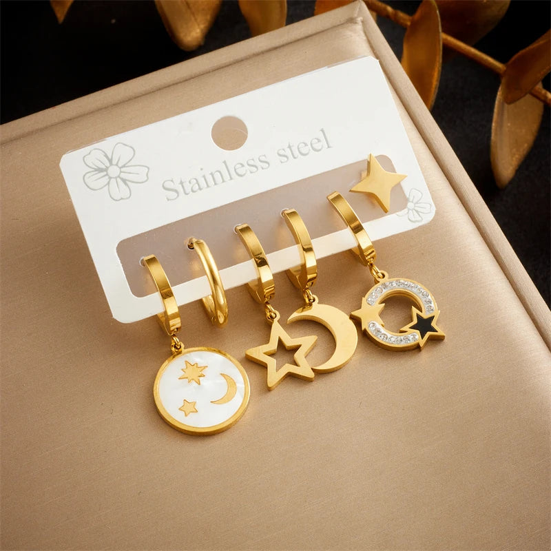Golden Flower, Star & Moon Series – 6-Piece Stainless Steel Earring Set for Women