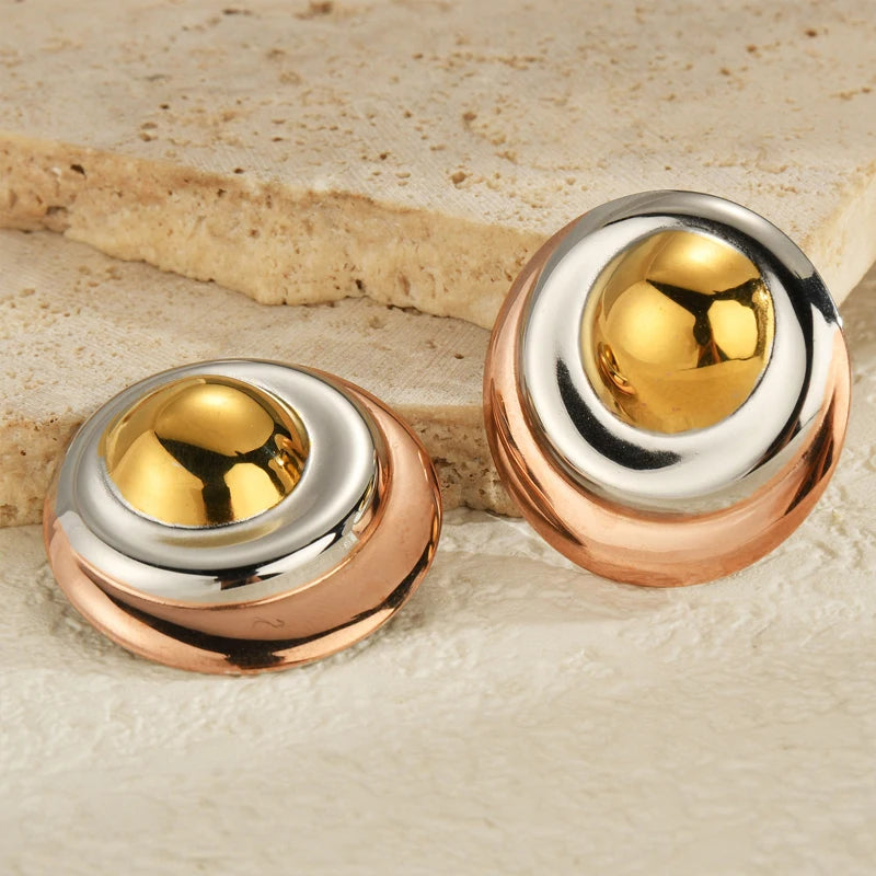 High-End Two-Tone Geometric Stud Earrings – Gold & Silver Color Stainless Steel for Women