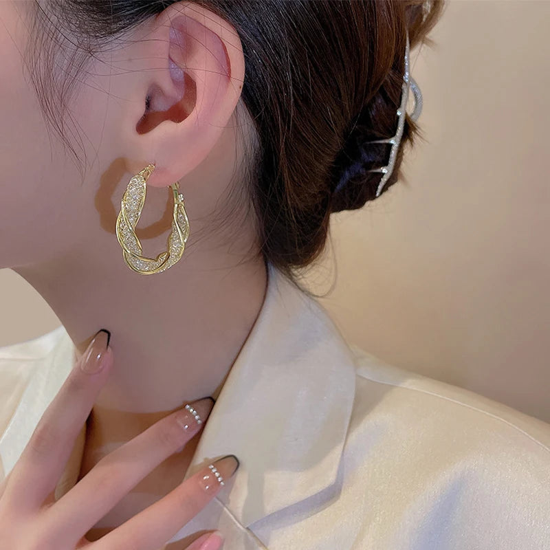 Gold Color Twist Round Hoop Earrings – Hollow Mesh Crystal Circle Design for Women