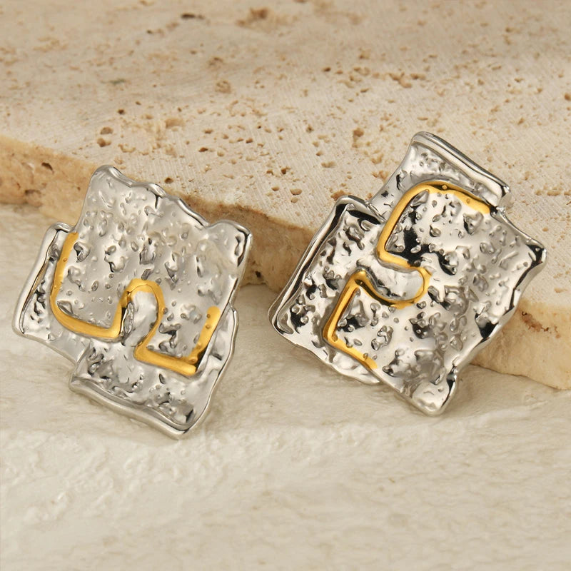 High-End Two-Tone Geometric Stud Earrings – Gold & Silver Color Stainless Steel for Women