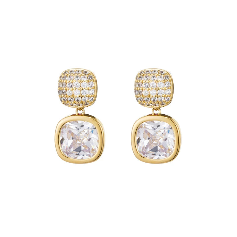 Classic Geometric White Crystal Drop Earrings – Elegant Long Square Design for Women