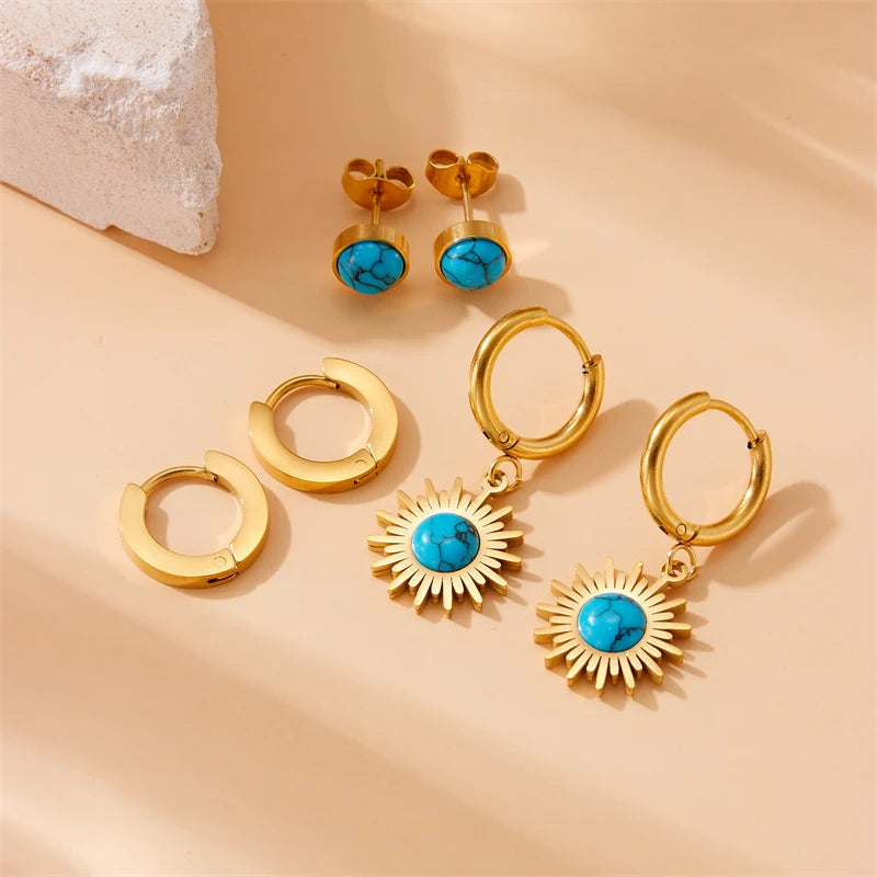 Golden Flower, Star & Moon Series – 6-Piece Stainless Steel Earring Set for Women