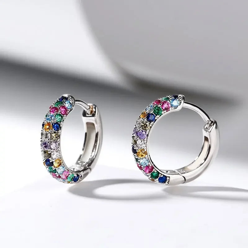 Women's Mini Round Silver Earring Set, Colorful Zircon Earrings, Luxury Jewelry, Fashion