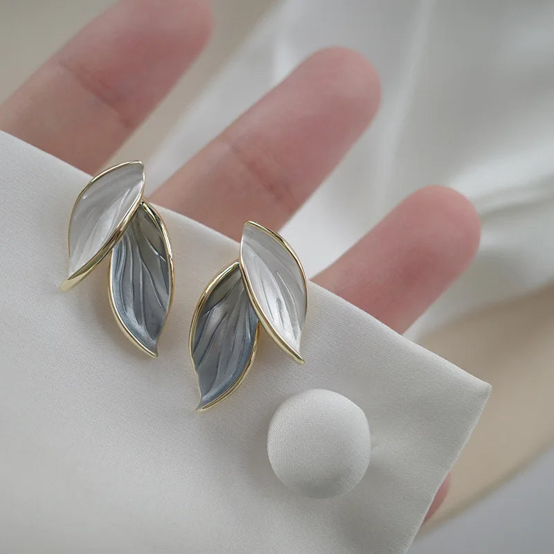 Sweet Leaf Stud Earrings for Women – Fresh Blue & White Plant Ear Studs | Exquisite Metal Style Jewelry Gift