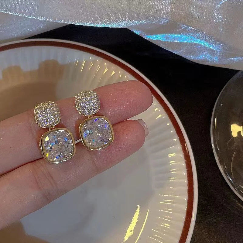 Classic Geometric White Crystal Drop Earrings – Elegant Long Square Design for Women