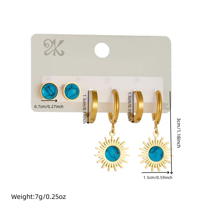 6PC Stainless Steel Golden Earrings Set – Blue Turquoise Stone | Delicate Trendy Jewelry for Women & Girls