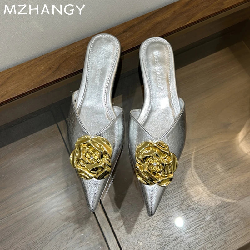 2025 Women’s Floral Pointed-Toe Mules – Elegant Slingback Flat Slippers, Summer Luxury Slides for Women