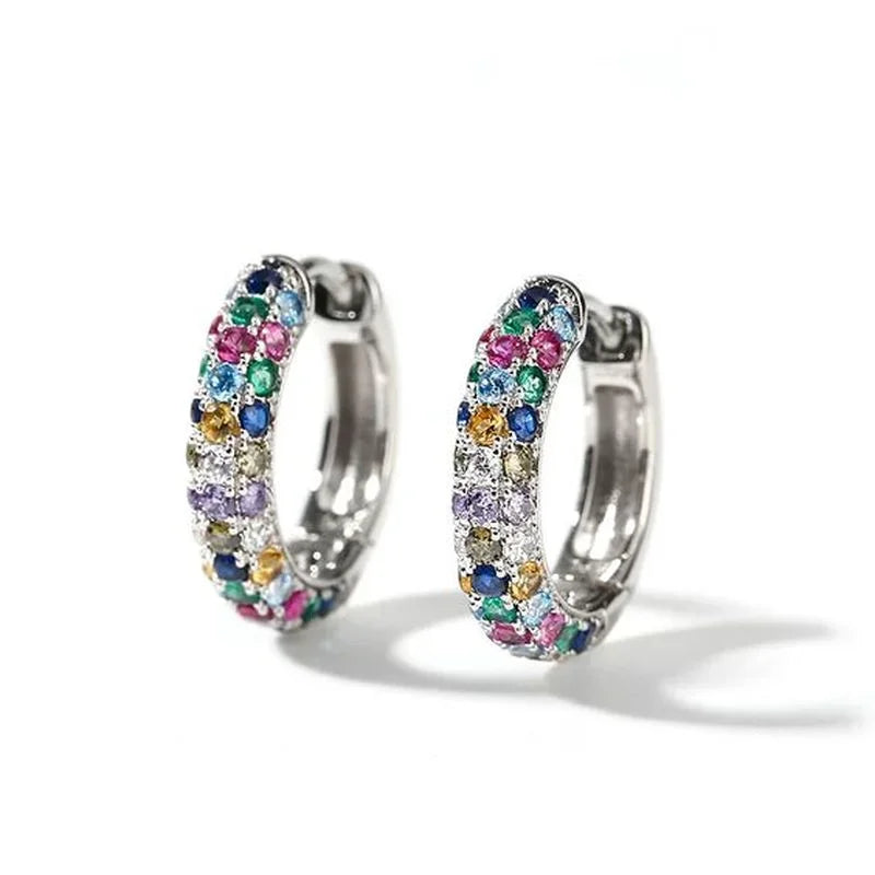Women's Mini Round Silver Earring Set, Colorful Zircon Earrings, Luxury Jewelry, Fashion