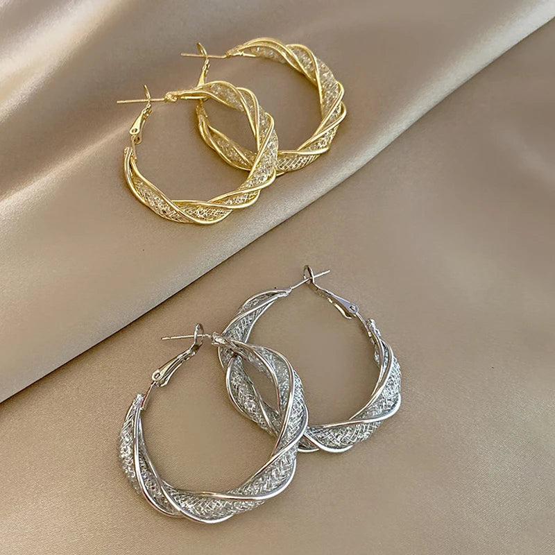Gold Color Twist Round Hoop Earrings – Hollow Mesh Crystal Circle Design for Women