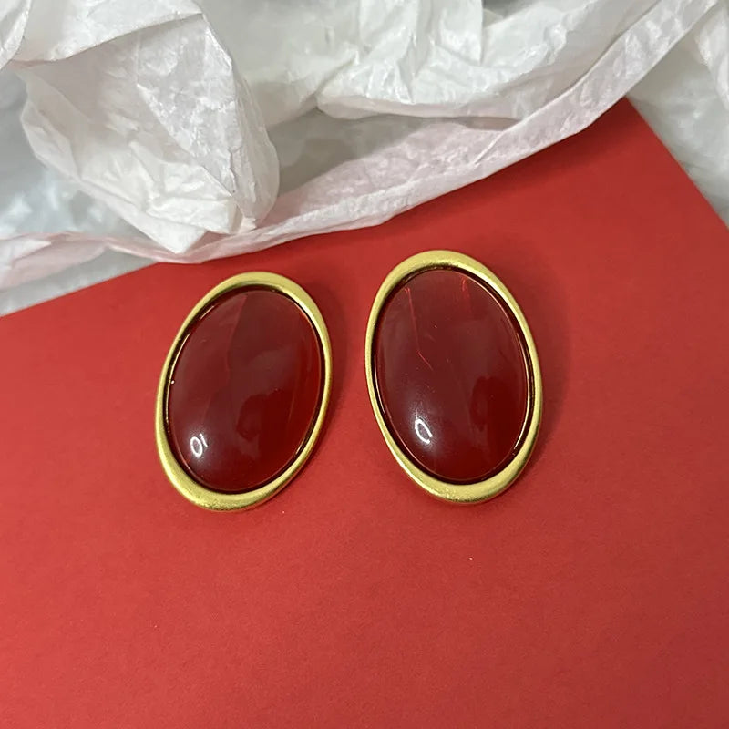 Vintage Red & Black Oval Resin Earrings – Bold Exaggerated Jewelry for Women & Girls
